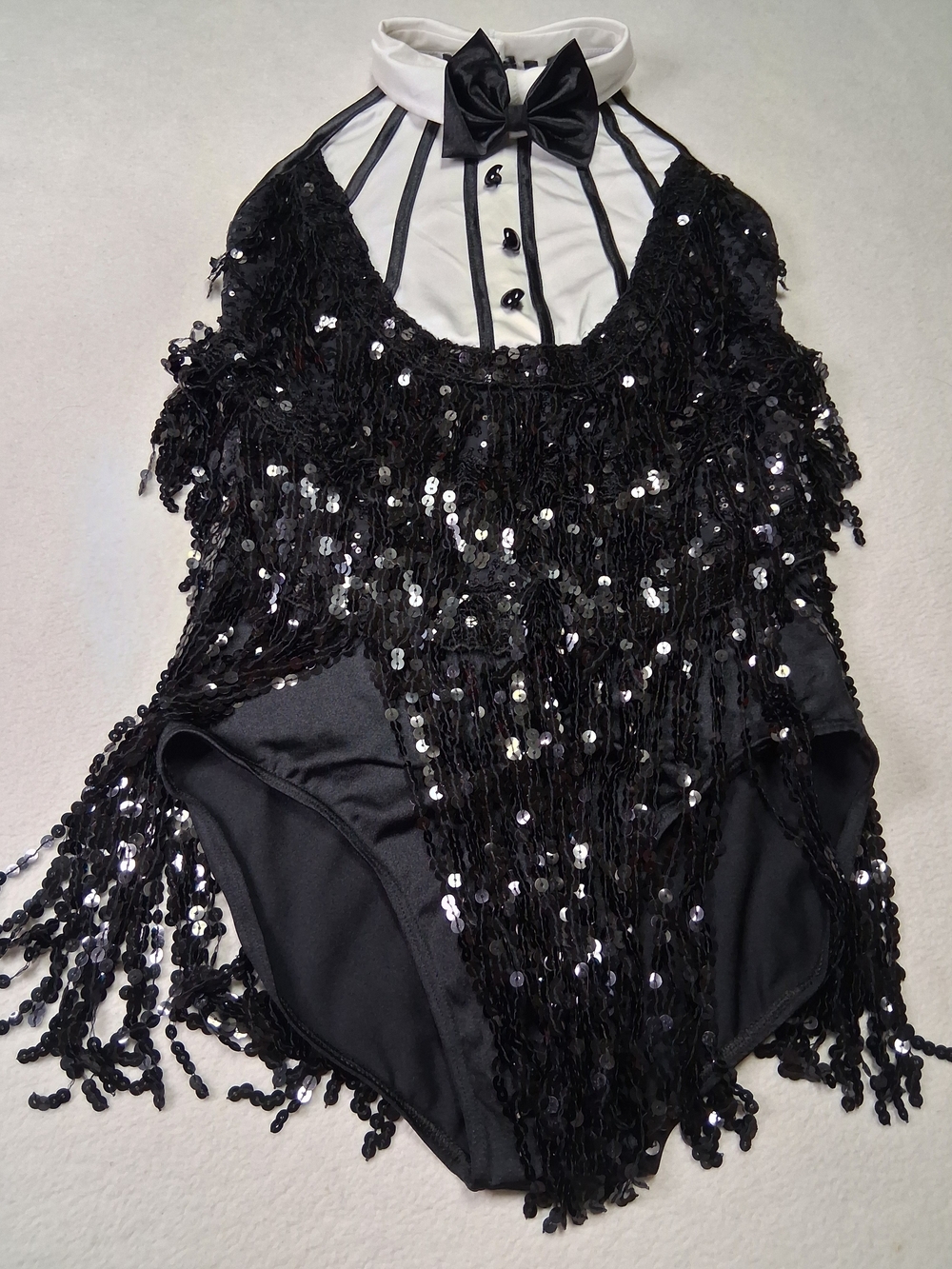 Black Sequin Fringe Bodysuit with White Mock Collar and Bow